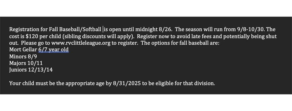RVCLL Registration Open For Fall 2025